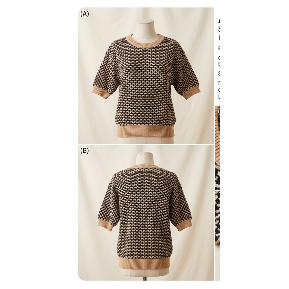 Ann Taylor Womens XS Short Sleeve Textured Knit Sweater Black Tan Crew Neck